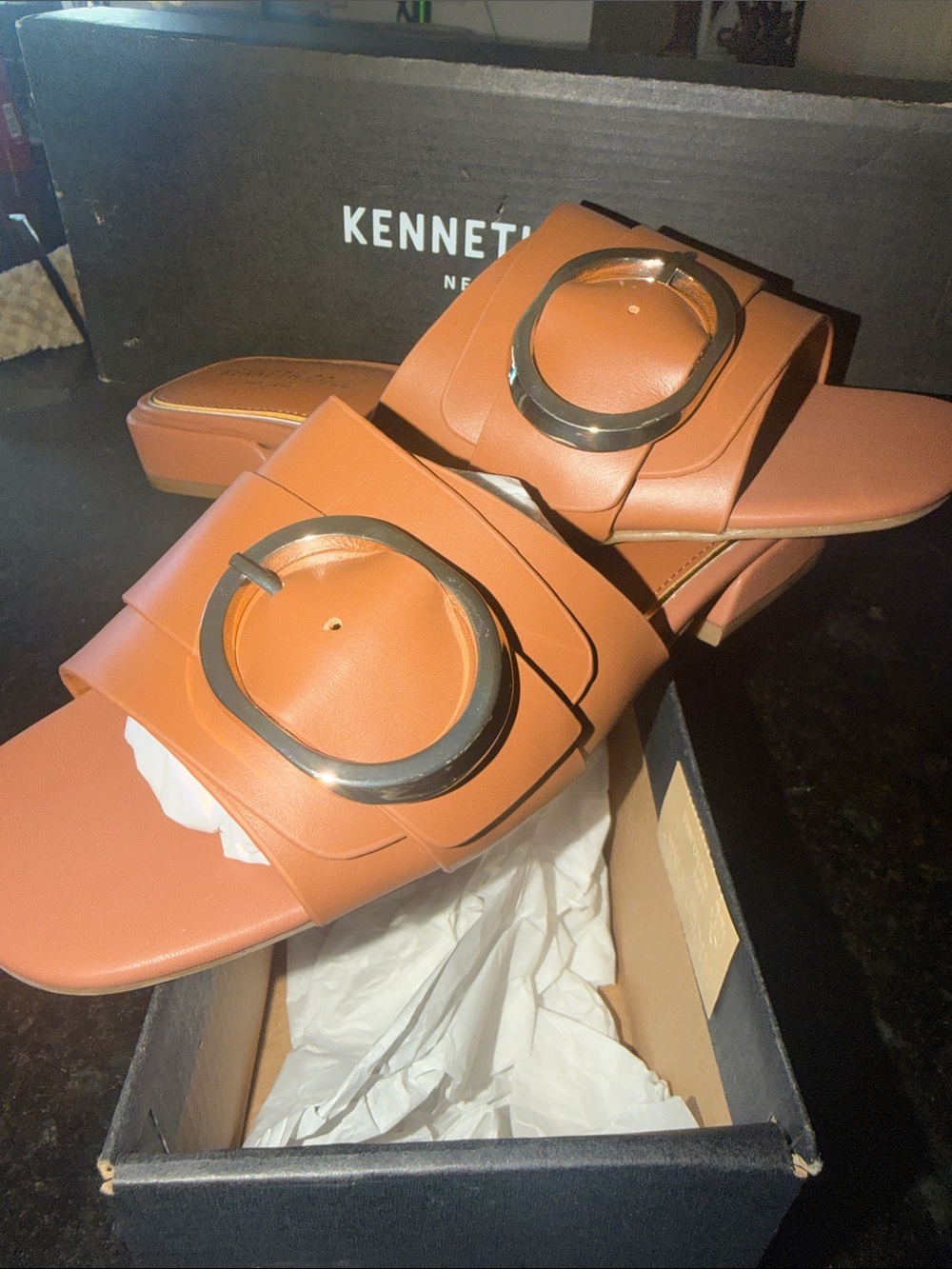 Kenneth Cole Ingrid Tan Leather Slide Mules with Oversized Buckle